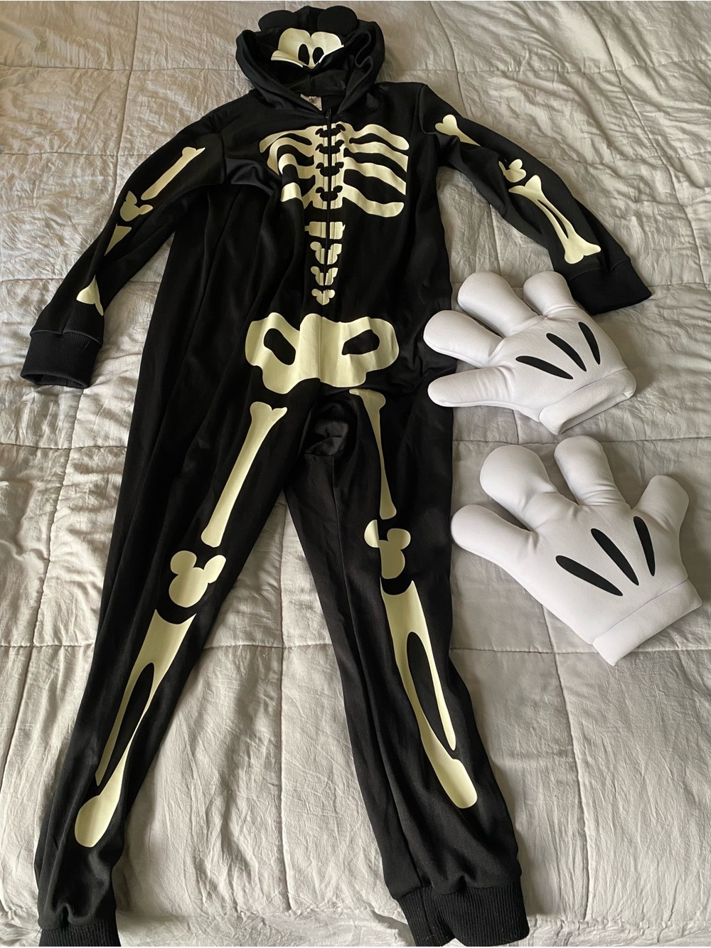 Disney Black Skeleton Mickey Glow Costume with White Mickey Gloves
